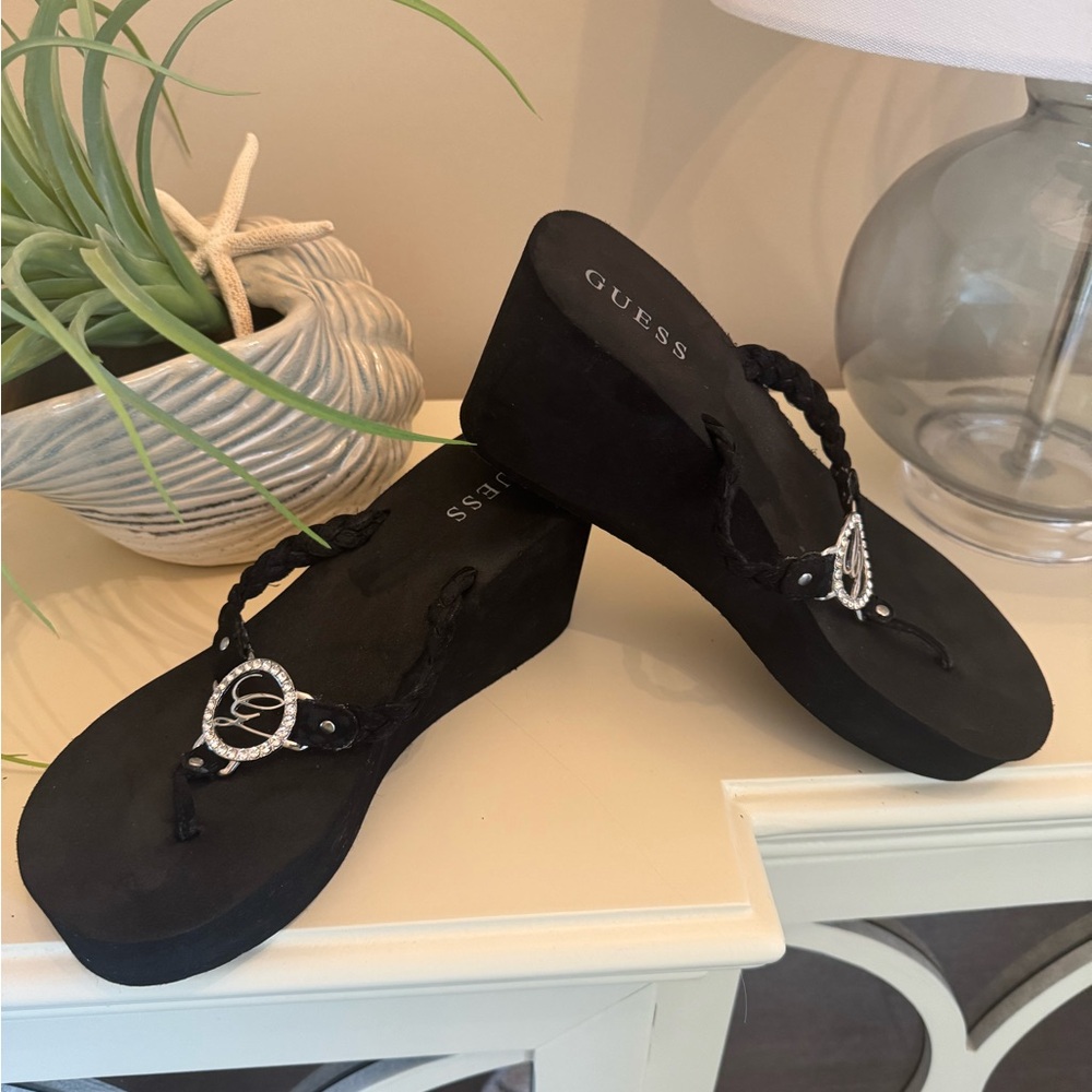 Guess Black Wedge Sandals with Rhinestone Accents